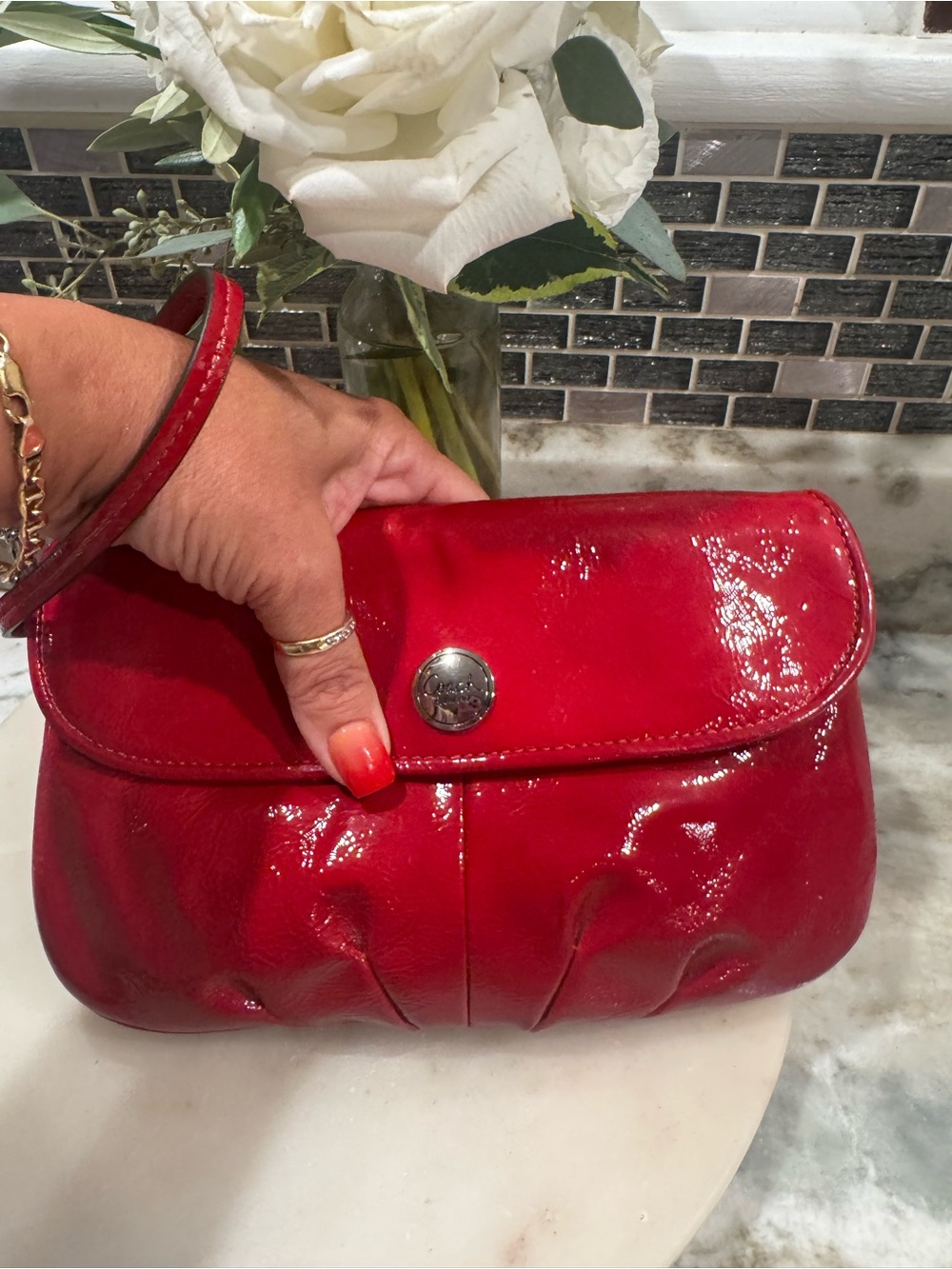 Coach Red Patent Leather XO Wristlet Clutch with Silver Tone Hardware Like NEW - Picture 7 of 10